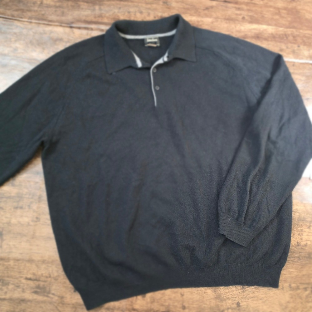 NEIMAN MARCUS Polo Sweater Mens Large Black 100% Cashmere Long Sleeve Flawed